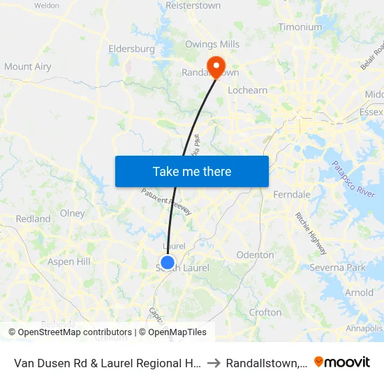 Van Dusen Rd & Laurel Regional Hospital to Randallstown, MD map