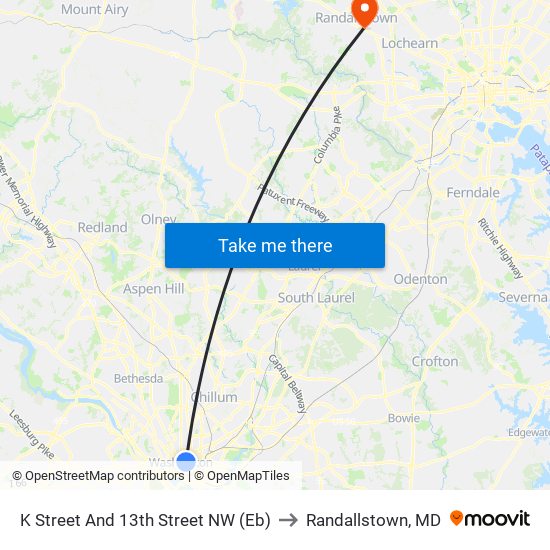 K Street And 13th Street NW (Eb) to Randallstown, MD map