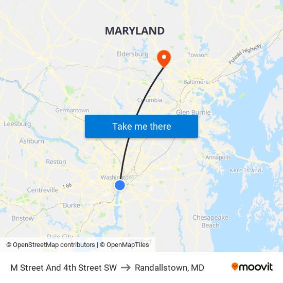 M Street And 4th Street SW to Randallstown, MD map