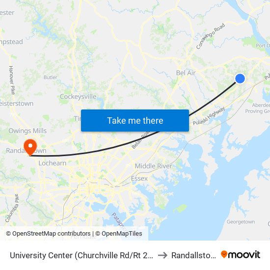 University Center (Churchville Rd/Rt 22 & Technology Dr) to Randallstown, MD map