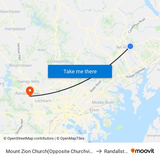 Mount Zion Church(Opposite Churchville Rd/Rt 22 & Andreas Dr) to Randallstown, MD map