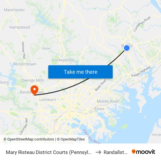 Mary Risteau District Courts (Pennsylvania Ave Near Bond St) to Randallstown, MD map