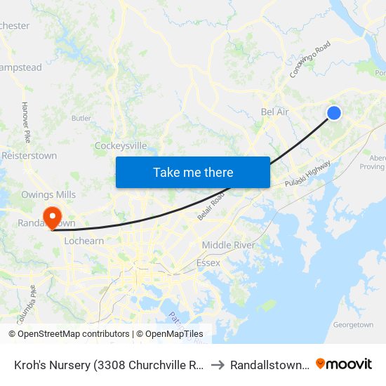Kroh's Nursery  (3308 Churchville Rd/Rt 22) to Randallstown, MD map