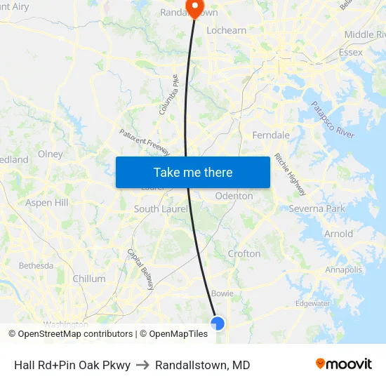 Hall Rd+Pin Oak Pkwy to Randallstown, MD map