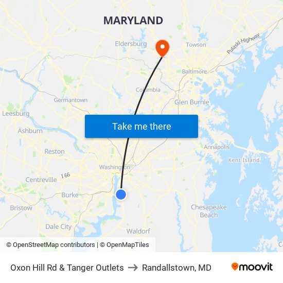 Oxon Hill Rd & Tanger Outlets to Randallstown, MD map