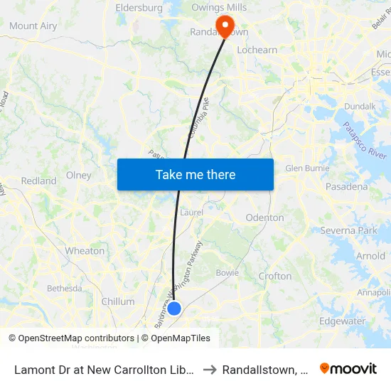 Lamont Dr at New Carrollton Library to Randallstown, MD map