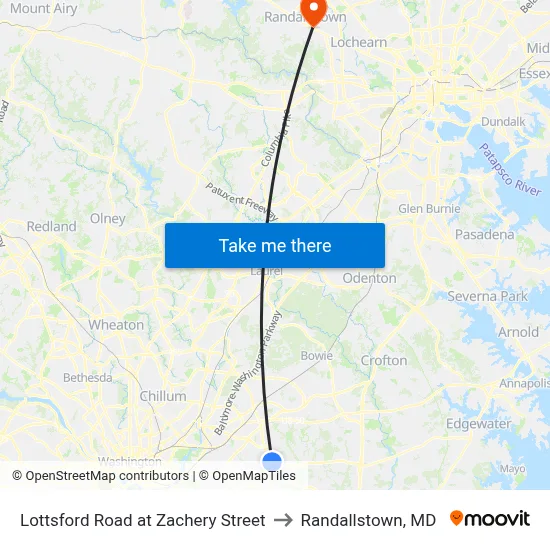 Lottsford Road at Zachery Street to Randallstown, MD map
