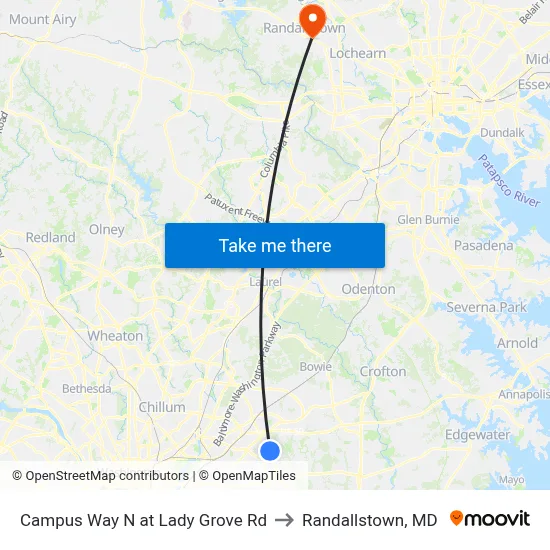 Campus Way N at Lady Grove Rd to Randallstown, MD map