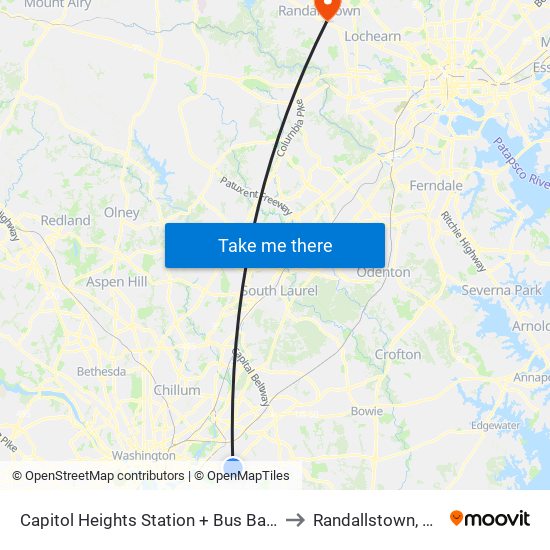 Capitol Heights Station + Bus Bay B to Randallstown, MD map