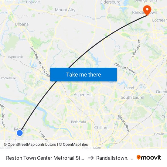 Reston Town Center Metrorail Station to Randallstown, MD map