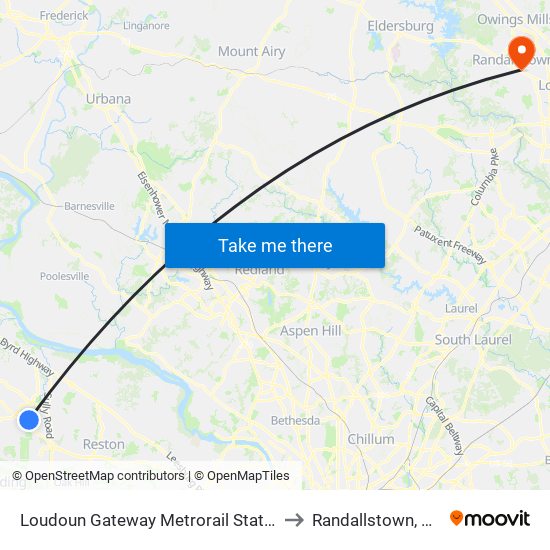 Loudoun Gateway Metrorail Station to Randallstown, MD map