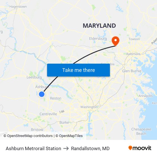 Ashburn Metrorail Station to Randallstown, MD map