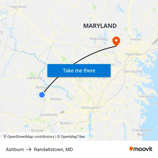 Ashburn to Randallstown, MD map