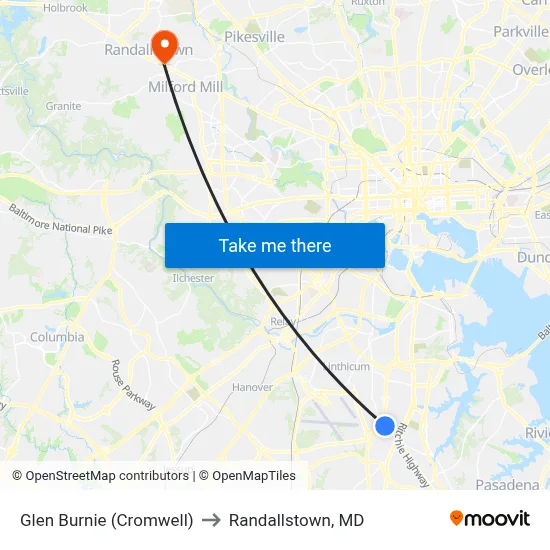 Glen Burnie (Cromwell) to Randallstown, MD map