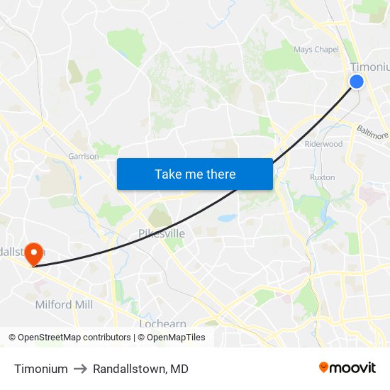 Timonium to Randallstown, MD map