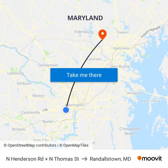 N Henderson Rd + N Thomas St to Randallstown, MD map