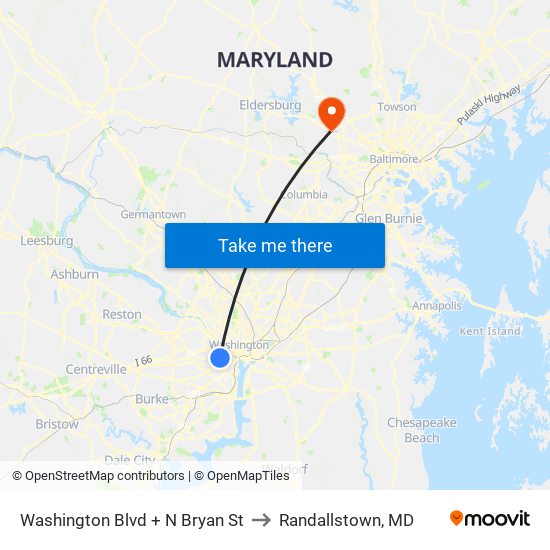 Washington Blvd + N Bryan St to Randallstown, MD map