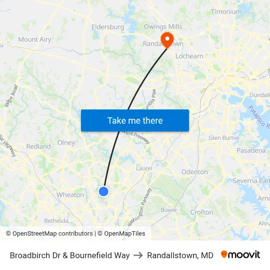 Broadbirch Dr & Bournefield Way to Randallstown, MD map