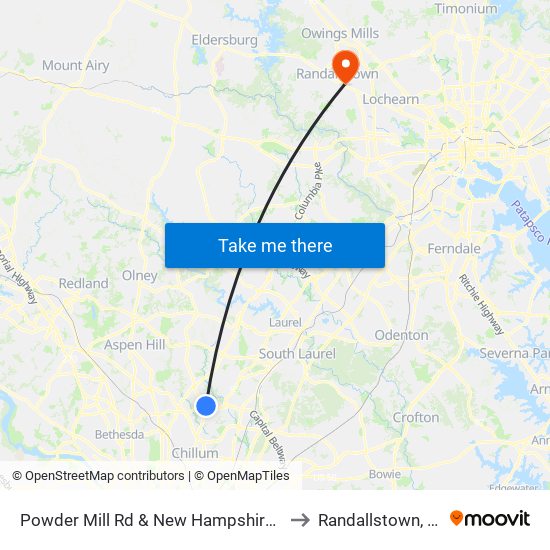 Powder Mill Rd & New Hampshire Ave to Randallstown, MD map