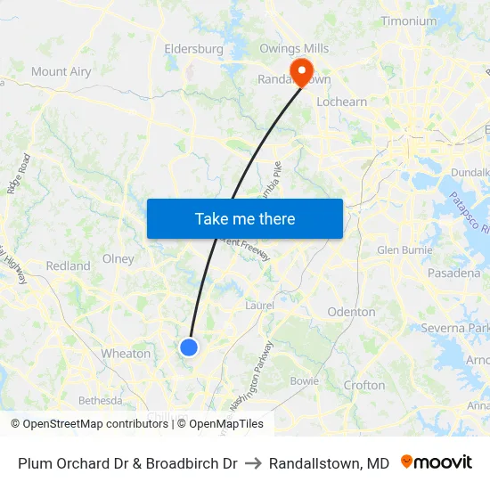 Plum Orchard Dr & Broadbirch Dr to Randallstown, MD map