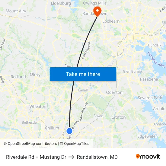 Riverdale Rd + Mustang Dr to Randallstown, MD map