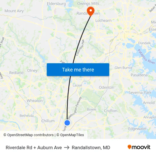 Riverdale Rd + Auburn Ave to Randallstown, MD map
