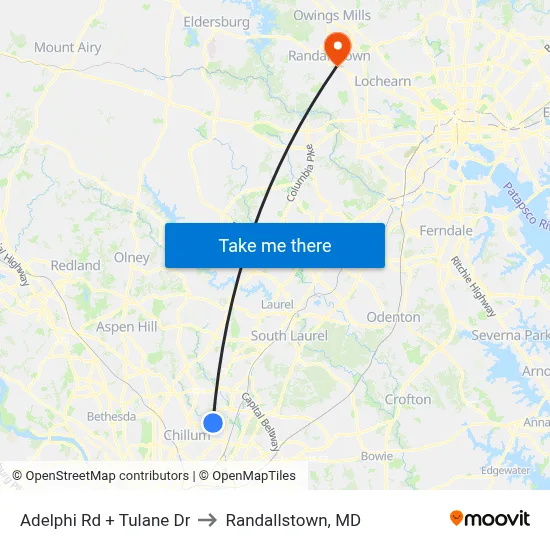 Adelphi Rd + Tulane Dr to Randallstown, MD map