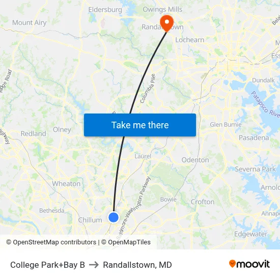 College Park+Bay B to Randallstown, MD map