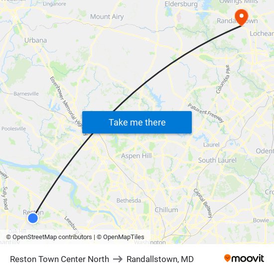 Reston Town Center North to Randallstown, MD map