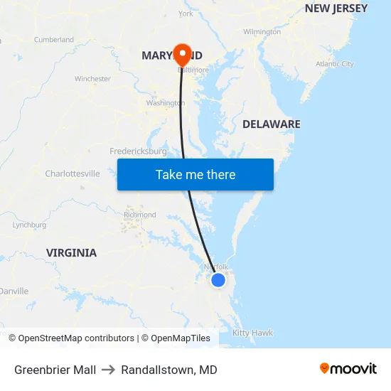 Greenbrier Mall to Randallstown, MD map