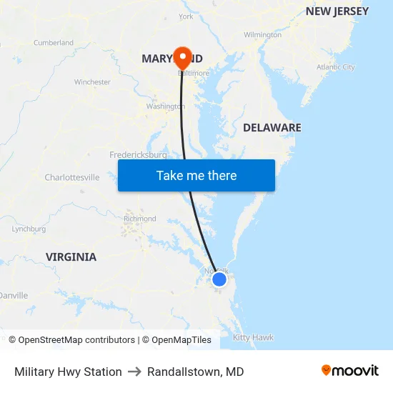 Military Hwy Station to Randallstown, MD map