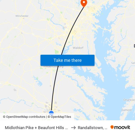 Midlothian Pike + Beaufont Hills Drive to Randallstown, MD map