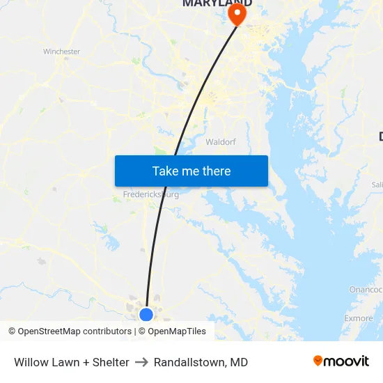 Willow Lawn + Shelter to Randallstown, MD map