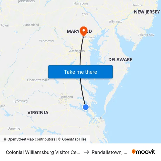 Colonial Williamsburg Visitor Center to Randallstown, MD map
