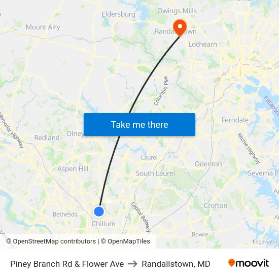 Piney Branch Rd & Flower Ave to Randallstown, MD map