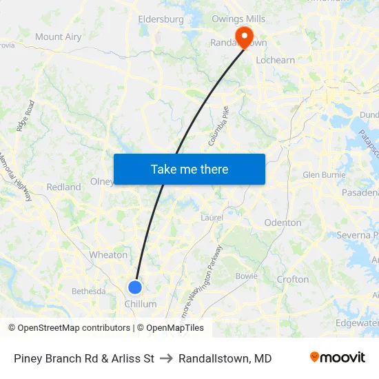 Piney Branch Rd & Arliss St to Randallstown, MD map