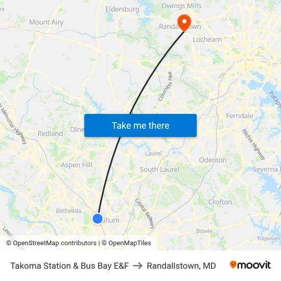 Takoma Station & Bus Bay E&F to Randallstown, MD map