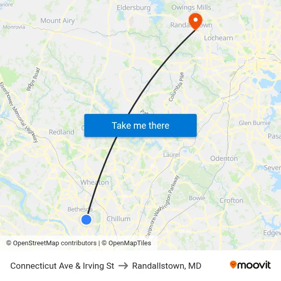 Connecticut Ave & Irving St to Randallstown, MD map