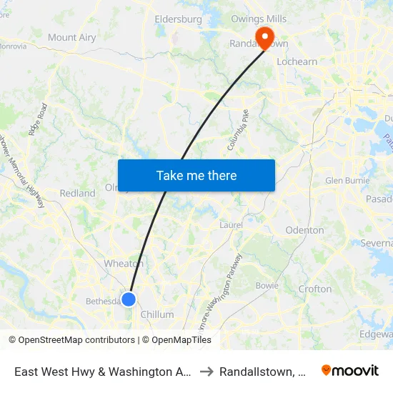 East West Hwy & Washington Ave to Randallstown, MD map