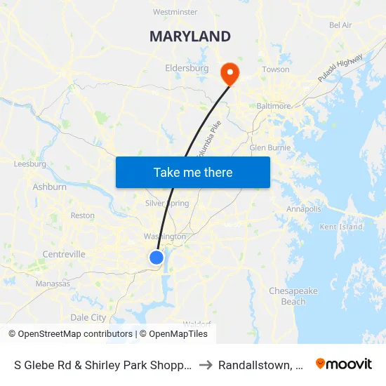 S Glebe Rd & Shirley Park Shopping to Randallstown, MD map