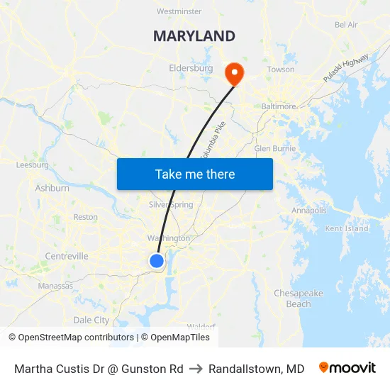 Martha Custis Dr @ Gunston Rd to Randallstown, MD map