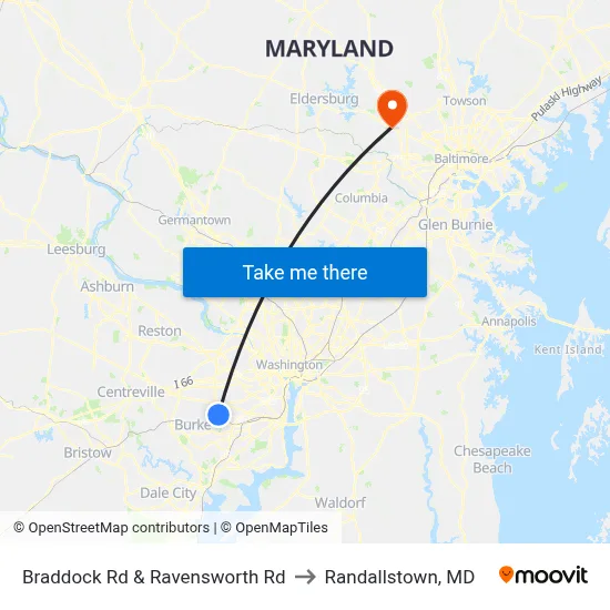 Braddock Rd & Ravensworth Rd to Randallstown, MD map