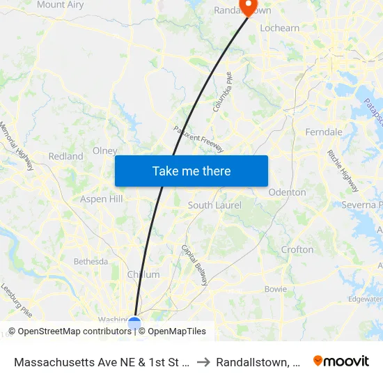 Massachusetts Ave NE & 1st St NE to Randallstown, MD map
