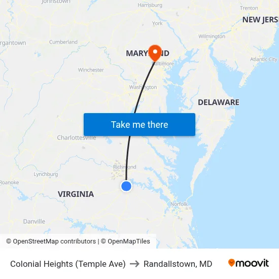 Colonial Heights (Temple Ave) to Randallstown, MD map