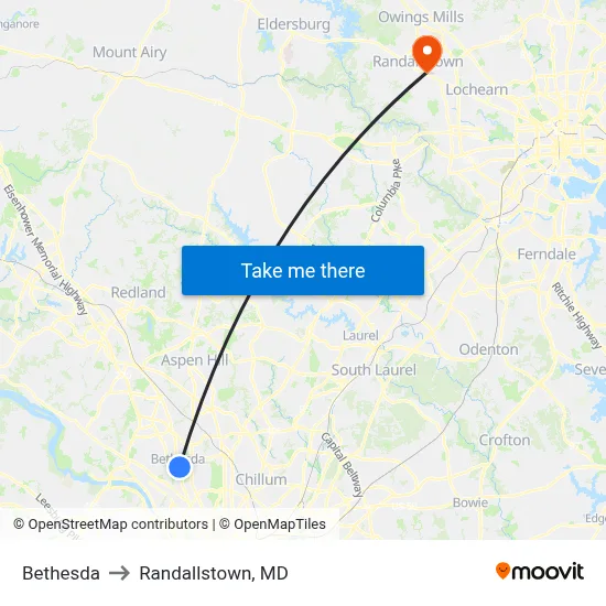 Bethesda to Randallstown, MD map