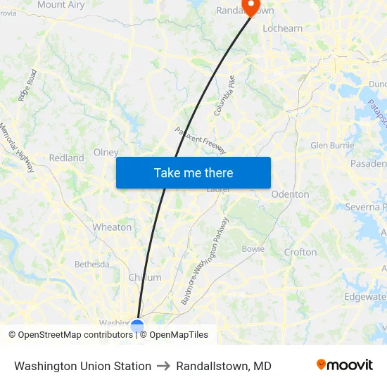 Washington Union Station to Randallstown, MD map