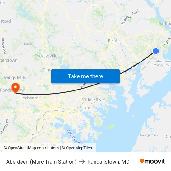 Aberdeen (Marc Train Station) to Randallstown, MD map