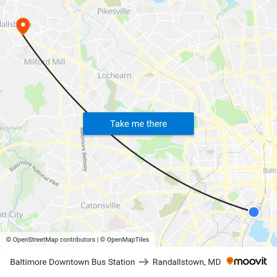 Baltimore Downtown Bus Station to Randallstown, MD map