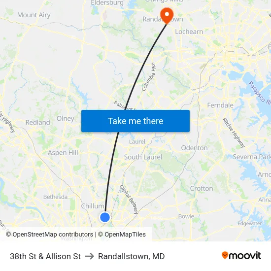 38th St & Allison St to Randallstown, MD map