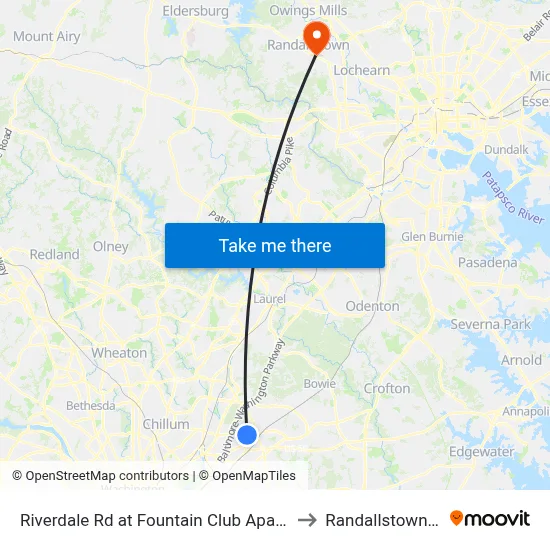 Riverdale Rd at Fountain Club Apartments to Randallstown, MD map